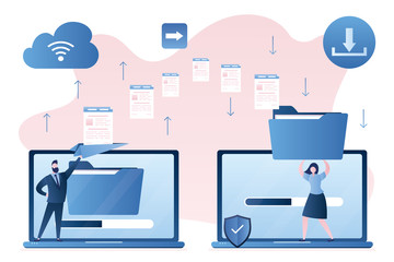 File transfer. Handsome businessman send and woman receives documents. Clouds technology concept.