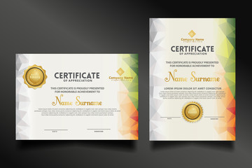Set certificate template with dynamic and futuristic polygonal color and modern background.