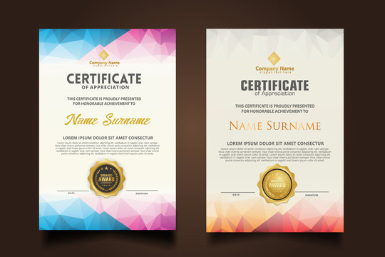 Set certificate template with dynamic and futuristic polygonal color and modern background.