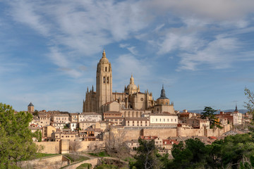 Fototapeta na wymiar View of the old town of Segovia and the Cathedral of Santa Maria de Segovia. Spain, December of 2019.