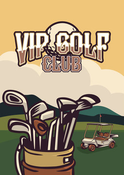 vip golf club poster vintage retro golf cart with illustration