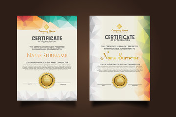 Set certificate template with dynamic and futuristic polygonal color and modern background.