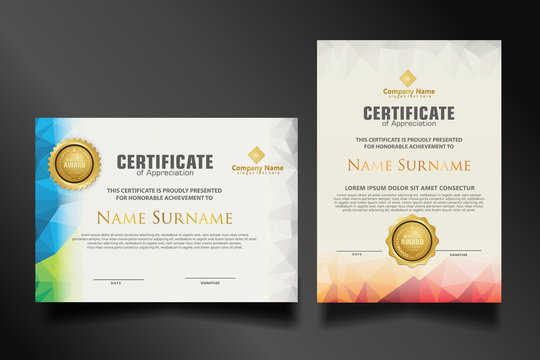 Set certificate template with dynamic and futuristic polygonal color and modern background.