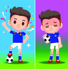 Vector football player, soccer player, characters in different emotion, winning and losing