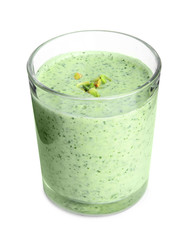 Glass of green buckwheat smoothie isolated on white