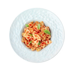 Tasty pasta with tomato sauce and basil isolated on white, top view