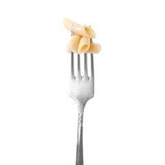 Fork with delicious penne pasta isolated on white