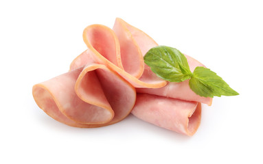 Tasty ham with basil isolated on white