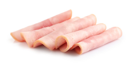 Slices of tasty fresh ham isolated on white