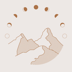 Phases of the Moon and mountain illustration. Flat simple line art illustration.  emblem, badge, logo for adventure, explorer, camping, moon.