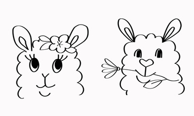 Couple of cute llamas boy and girl with flowers. Hand drawn pair of lovers. Cartoon sketch style. Concept of dating love relationships. Stock outline vector illustration isolated on white background.