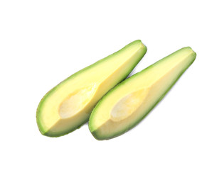 Slices of raw avocado isolated on white, top view