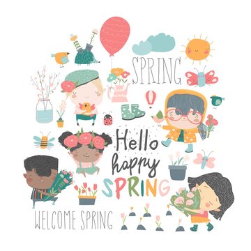Set of cartoon children and spring elements