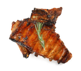 Tasty grilled ribs with rosemary isolated on white, top view