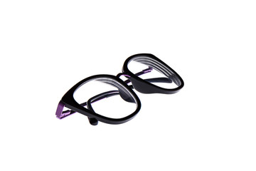 Glasses in a violet metallic frame isolated on a white background.