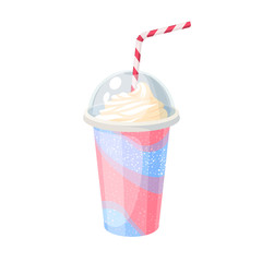Colorful fruit milkshake design. Plastic cup with lid and straw, full of fruit milk shake. Vector illustration cartoon flat icon isolated on white.