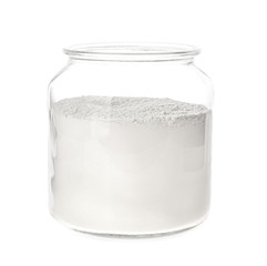 Organic flour in glass jar isolated on white