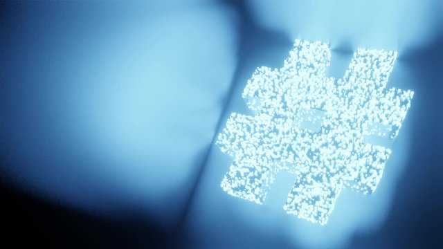 Hashtag sign and symbol glow futuristic particle 3D rendering cube polygon pattern, Social network Internet connection technology concept design on black background animation 4K with copy space