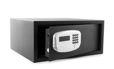 Fototapeta premium Black steel safe with electronic lock isolated on white