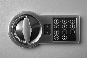 Grey steel safe with electronic lock, closeup