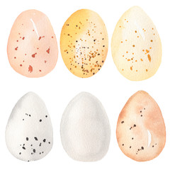 Watercolor egg set. spring holiday - easter element. delicate yellow, pink, blue, brown and grey eggs clipart.