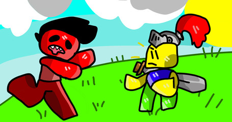 A red monster suddenly attacks a knight on a sunny day in a green meadow