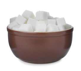 Refined sugar cubes in bowl isolated on white