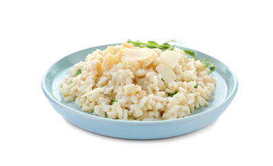 Delicious risotto with cheese isolated on white