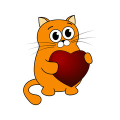 A cute red cat with big eyes holds a big red heart in its paws. romantic character for valentines day. Vector illustration in cartoon flat style on a white background.