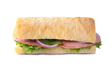 Tasty sandwich with ham isolated on white