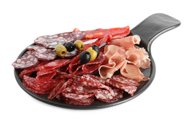Slate plate with prosciutto and other delicacies isolated on white