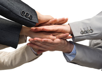 Obraz premium Concept of teamwork and unity with palms one on one in pile