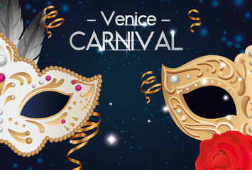 poster of venice carnival with masks and decoration vector illustration design