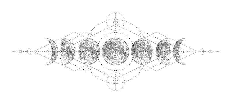 Magic moon with sacred geometry tattoo design. Monochrome hand drawn vector illustration, isolated on white background
