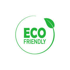 Eco friendly green circle badge with tree leaf. Design element for packaging design and promotional material. Vector illustration.
