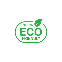 Eco friendly 100 percent green badge with tree leaf. Design element for packaging design and promotional material. Vector illustration.