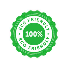 Eco friendly 100 percent green sticker with wavy edge. Design element for packaging design and promotional material. Vector illustration.