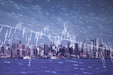 Forex chart on cityscape with skyscrapers wallpaper double exposure. Financial research concept.