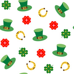Seamless vector pattern with clover leaf, hat and horseshoe for luck. St. Patrick's Day texture print. Individual elements on white background.