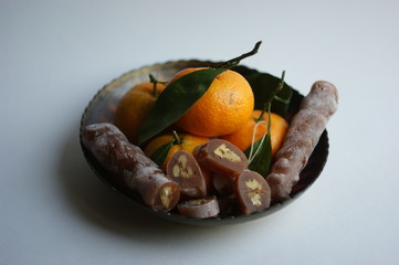 Churchkhela  is a candle-shaped candy. Georgian churchkhela made of walnuts and grape juice