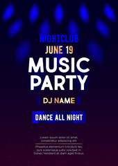 Vertical music party poster with color graphic elements, dark blue background and text