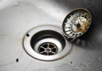 Closeup sink drain.Drain filter and a metal pipe sewer.Deep sink, dishwasher. Leftover food in the...