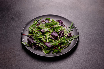 Healthy food, salad mix with arugula, spinach, bulls blood, beet leafs and micro greens