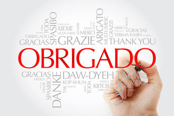 Obrigado (Thank You in Portuguese) Word Cloud in many languages with marker