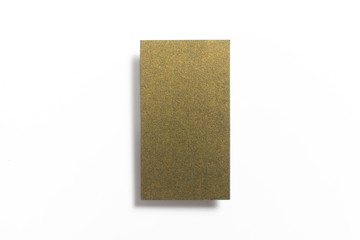 Gold blank matt textured business card flying and isolated on white background, us standard size 3.5 x 2 inches, real professional studio photo.