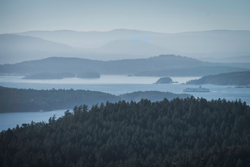 Misty morning view in between Islands from Pender Island Gulf islands Vancouver British columbia...