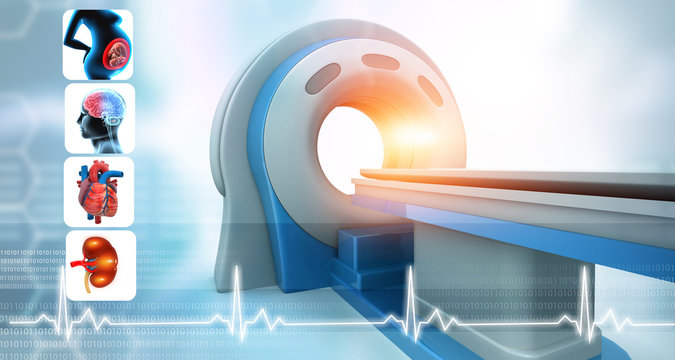 MRI machine with human organs on medical  background. 3d illustration.