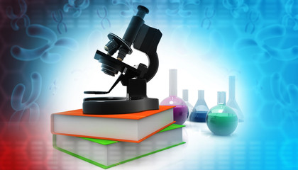 Microscope on scientific background. 3d illustration.