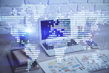 Multi exposure of business theme icons and work space with computer background. Concept of success.