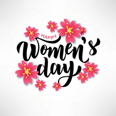 Happy Woman’s Day hand lettering text with beautiful flowers. Vector illustration. 8 March greeting calligraphy design. Template for a poster, cards, banner.